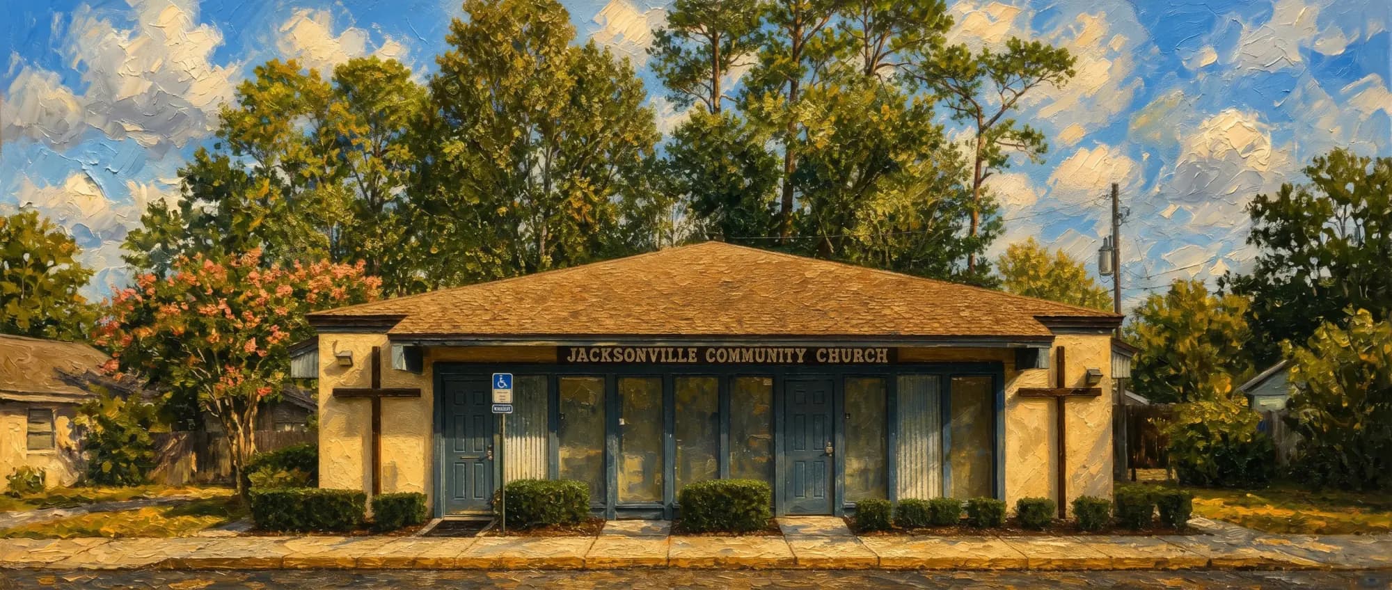 Painted illustration of the single-storey Jacksonville Community Church building, its name mounted above a row of glass front doors, a wooden cross at each end and an accessible parking space beside the entrance