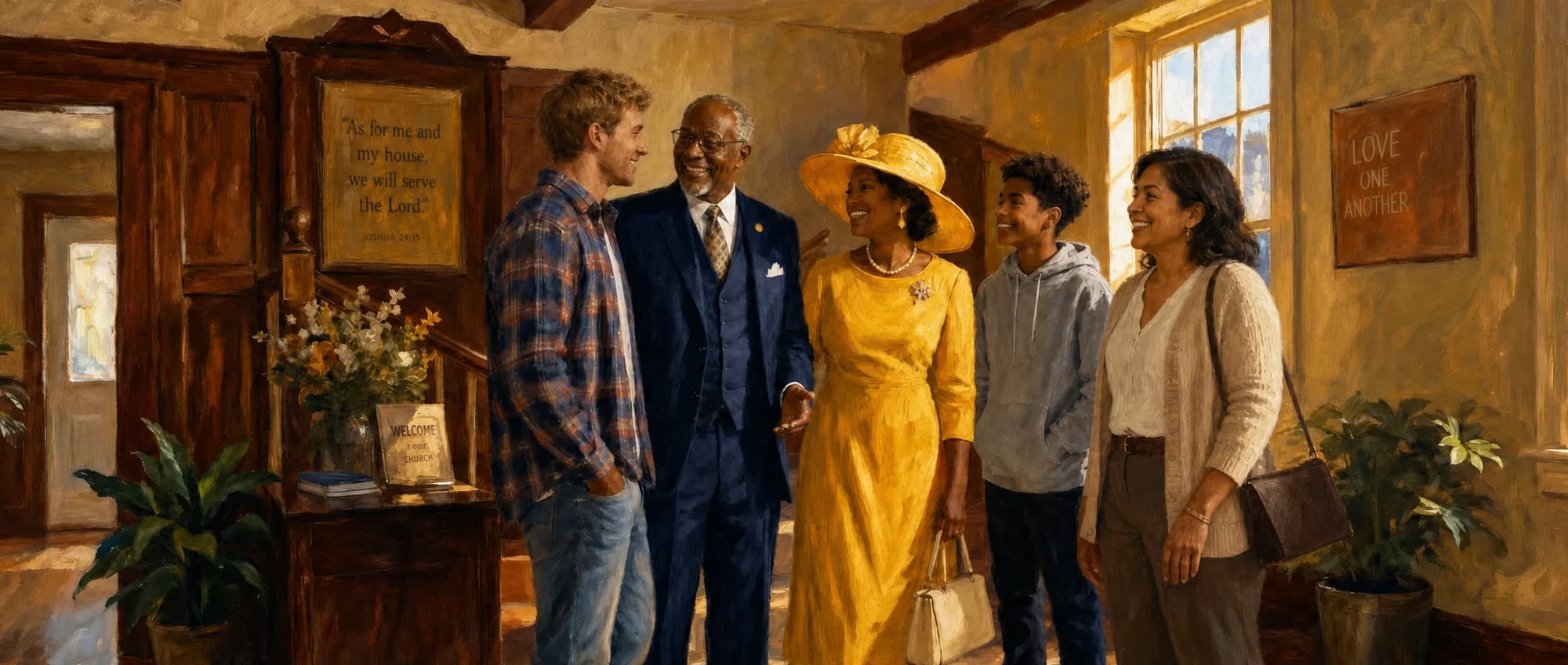 Painted illustration of five members of the congregation greeting one another in the foyer, dressed in everything from a three-piece suit and a yellow hat to jeans, a plaid shirt and a hoodie