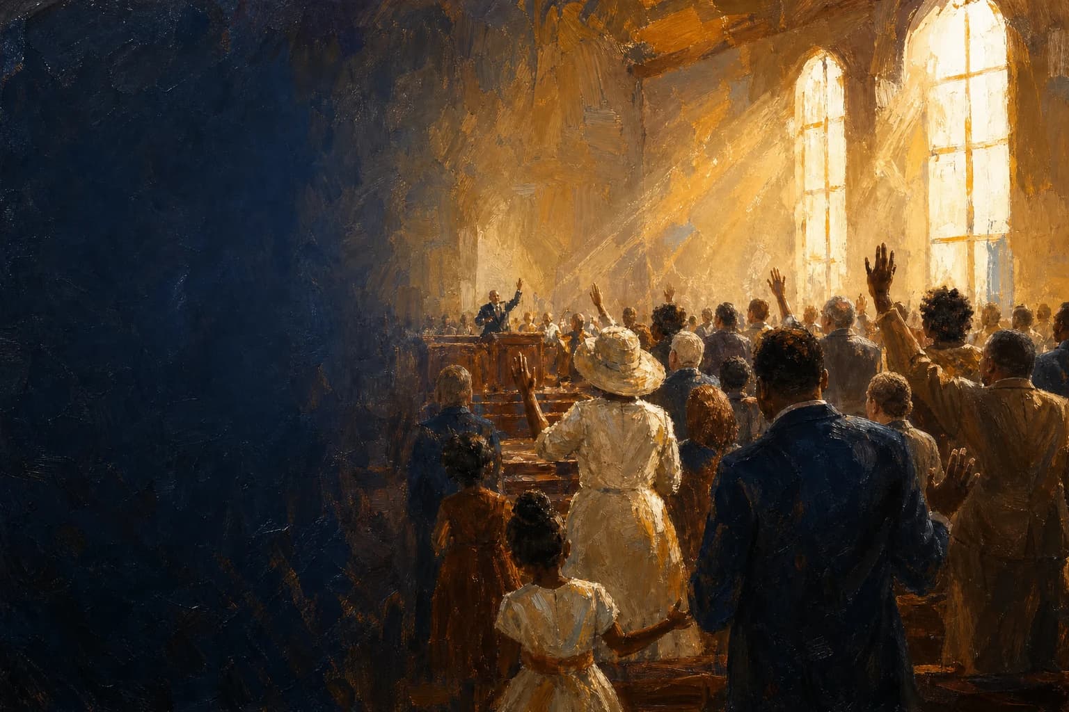 Painted illustration of the congregation singing together on a Sunday morning, hands lifted in the light from the sanctuary windows