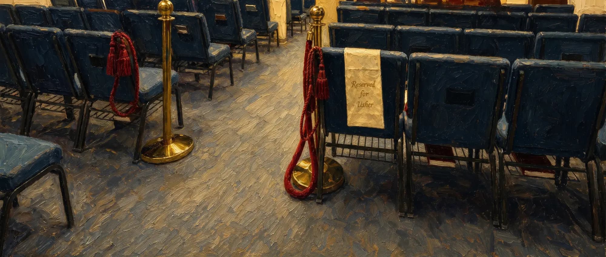 Painted illustration of the sanctuary's empty teal chairs, a brass stanchion hung with a red velvet rope, and a cloth marked 'Reserved for Usher' draped over one seat back