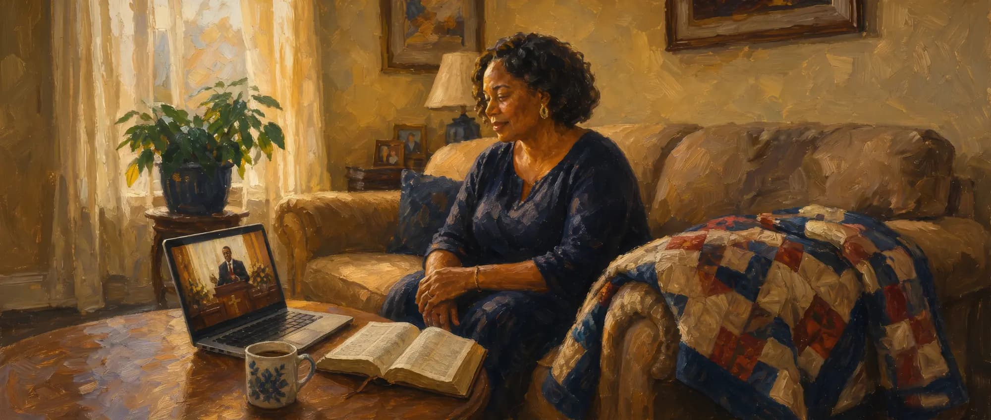 Painted illustration of a woman watching the Sunday service on a laptop at home, a mug of coffee and an open Bible on the table beside her