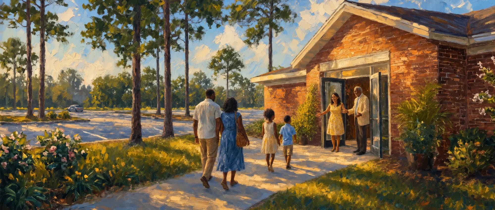 Painted illustration of a family walking up to the church doors on a Sunday morning, greeted by two members of the congregation